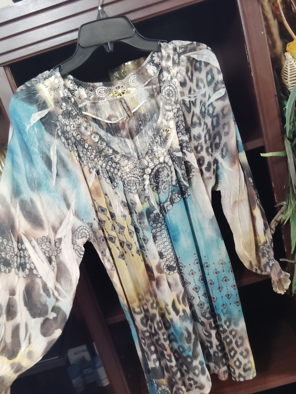 Boho Animal-Print Tunic Top in Teal and Beige with Embellished Neckline